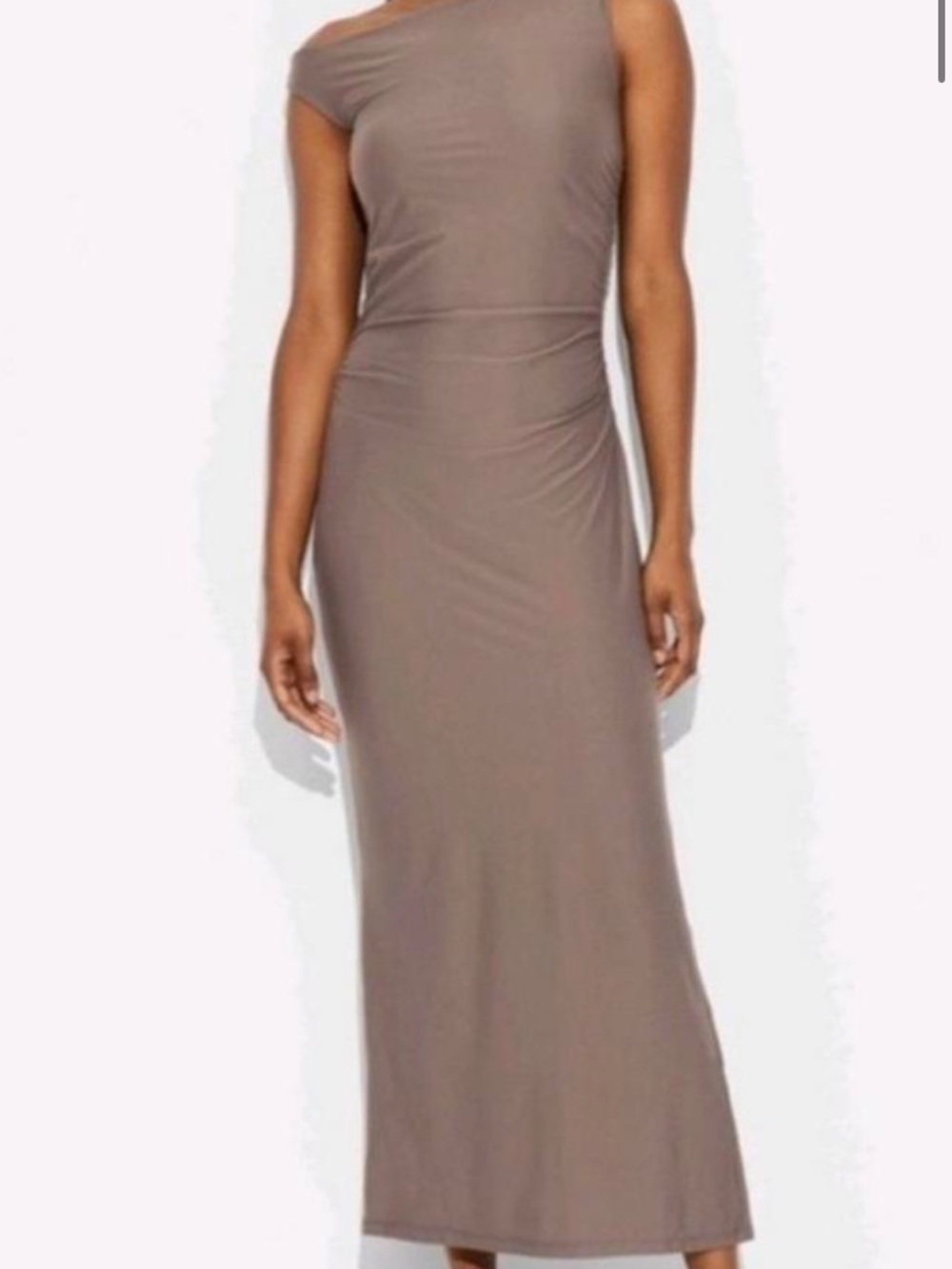 Asymmetrical Shoulder Taupe Maxi Dress